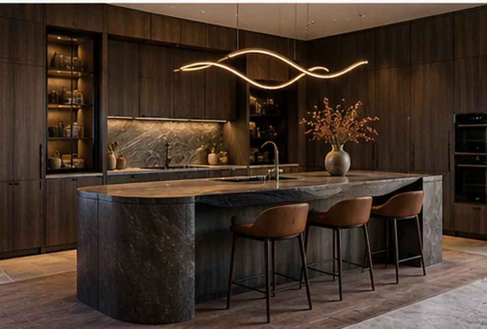 Тёмная кухня с выразительным камнем. Интерьер в стиле тёмная современная кухня: тёмные фасады, каменный остров и сценарное освещение.